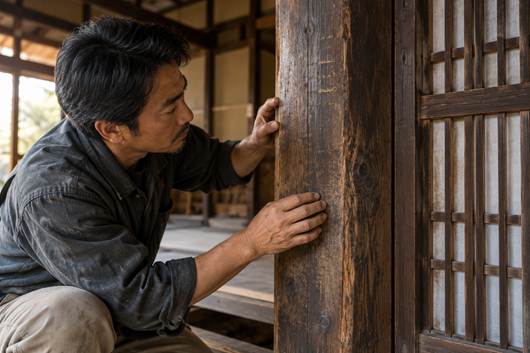 職人が木製の格子建具のそばで、刻み跡のある古い柱の表面を手で確かめる様子。